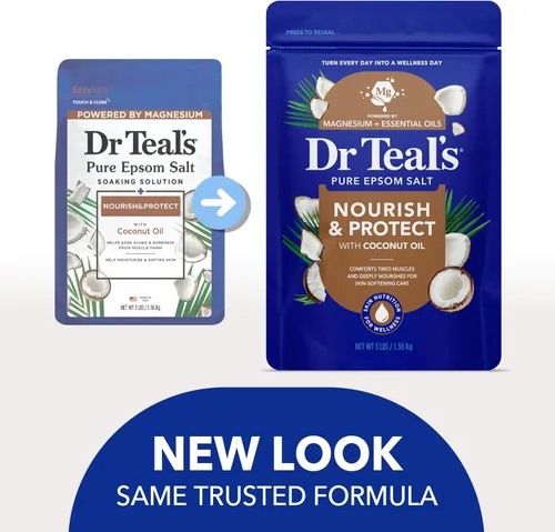 Vista 3 de Dr. Teal - Sal pura de Epsom remojada, nutre y protege con aceite de coco, 3 libras (el embalaje puede variar)