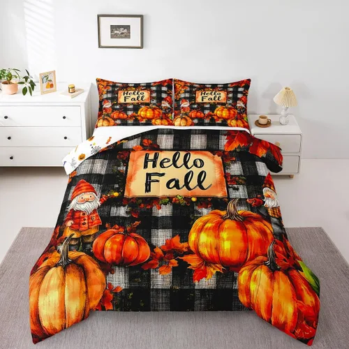 Vista 21 de Juego de edredón de calabaza de otoño, tamaño individual, juego de ropa de cama de hojas de arce para niños y niñas, cosecha de otoño, fruta
