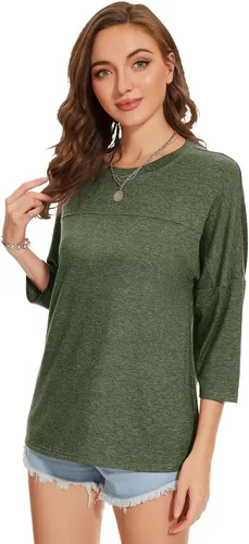 Vista 23 de ZENNILO Camisetas casuales de manga 3/4 para mujer, holgadas, cuello redondo, lindas camisetas básicas