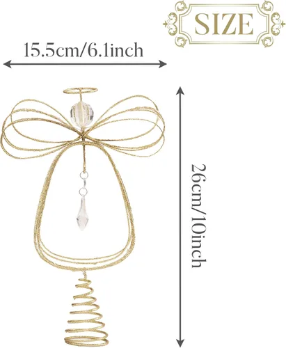 Vista 2 de Valery Madelyn Adorno de Ángel Iluminado para la Punta del Árbol de Navidad con Temporizador, Ángel Pequeño de Metal Dorado Preiluminado de 10