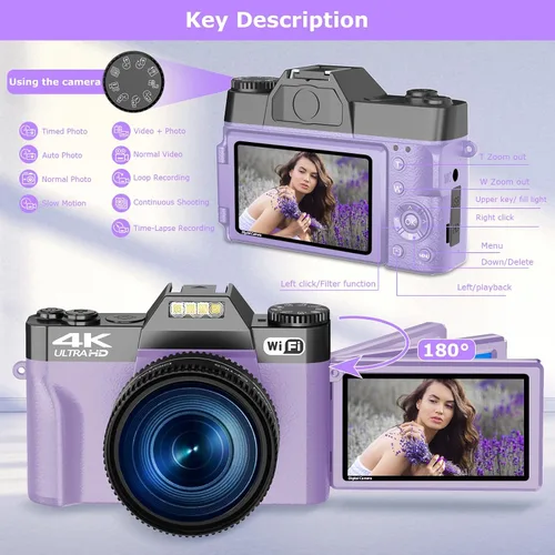 Vista 6 de Cámara digital 4K de 56 MP, cámara de vlogging para YouTube con WiFi, cámara compacta de enfoque automático 16X con zoom digital con tarjeta micro