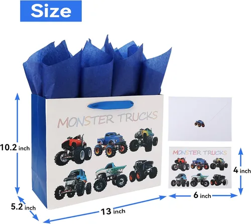 Vista 2 de Juego de bolsas de regalo de cumpleaños grandes de 13 pulgadas con tarjeta de felicitación y papel de seda (diseño de camiones monstruo) para niños