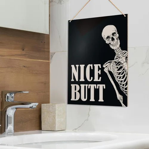 Vista 5 de UDNADKEX Divertido letrero decorativo para colgar en la pared del baño, bonito trasero, polvo de inodoro, decoración retro, esqueleto para baño