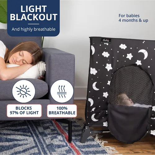 Vista 4 de Bebey Pack n Play - Funda opaca que bloquea el 97% de la luz, tela transpirable y elástica con 1 bolsillo lateral, 3 ventanas de acceso rápido