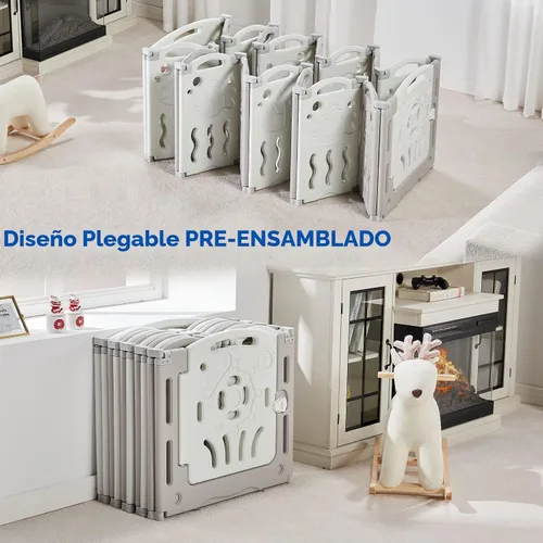 Vista 6 de Albott Corralito para bebés, valla plegable mejorada de 14 paneles con panel de juego y puerta de seguridad, forma ajustable, patios de juegos Gris