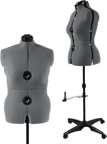 Vista 10 de Maniquí de forma de vestido ajustable beige para costura talla femenina 12-18, cuerpo de modelo con alfileres con 13 diales, ruedas desmontables