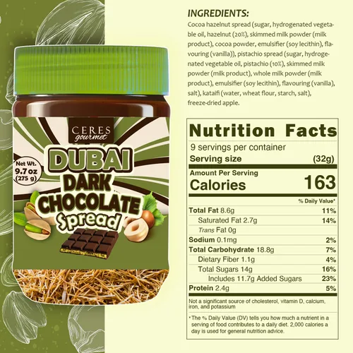 Vista 2 de Dubai - Tarro de chocolate negro para untar de 9.7 onzas con crema de pistacho, Kataifi crujiente