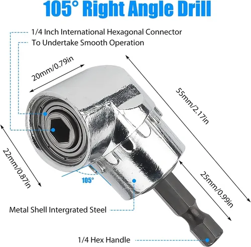 Vista 4 de 3 unids 1/4" Magnetic Pivot Drill Tip Holder 105° Adaptador de taladro de ángulo recto Extensión Destornillador de impacto flexible en ángulo de 20°