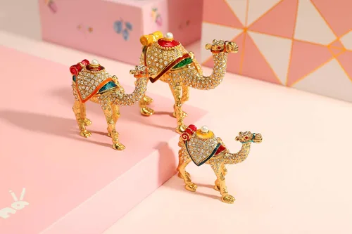 Vista 5 de Furuida Una familia de tres camellos de oro esmaltado Joyero Joyero con bisagras de animales clásicos Adornos de lujo regalo para la decoración