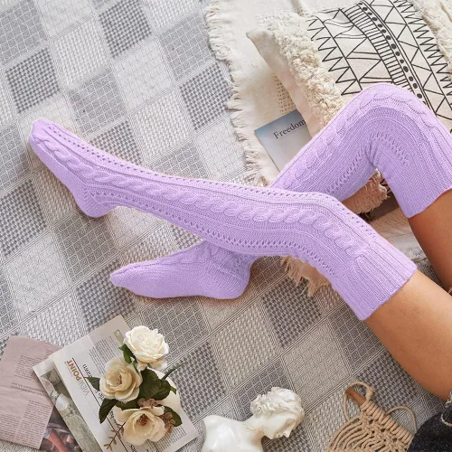 Vista 6 de HYTENSUN Calcetines de invierno de punto alto para mujer, estilo vintage, extra largos, calentadores de piernas por encima de la rodilla, medias
