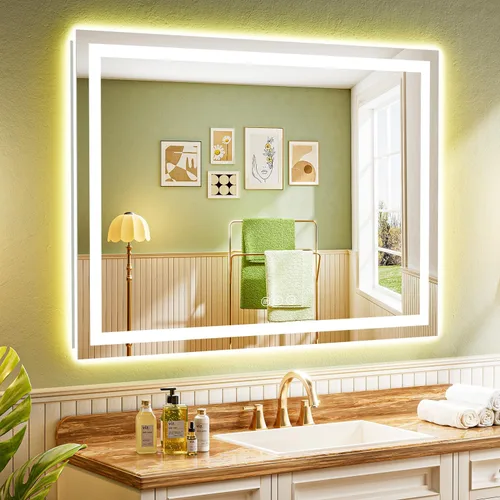 Vista 45 de Espejo de baño LED de 24x30 pulgadas con luces, espejo de tocador frontal y retroiluminado para pared de baño con 3 colores, regulable