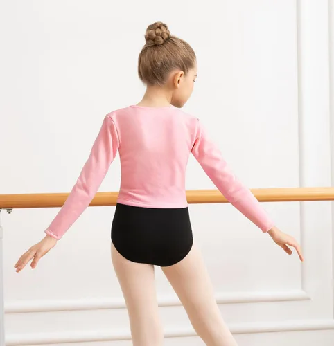 Vista 2 de Leotardos de ballet para niñas para bailar con espalda hueca, parte delantera brillante, cintura y espalda de malla