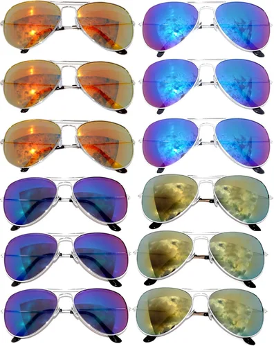Vista 53 de OWL Paquete de 12 lentes de sol de aviador a granel de metal dorado, plateado, marco negro para hombres y mujeres, gafas de fiesta