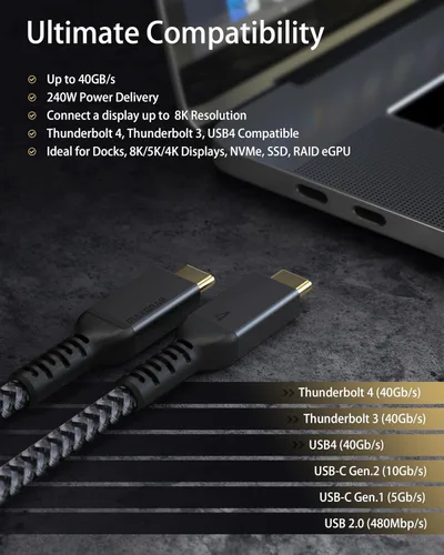 Vista 6 de Maxonar [1 pie] Cable Thunderbolt 4, cable Thunderbolt corto de 40 Gbps con carga de 240 W y 8K/5K @60 Hz compatible con Thunderbolt 4/3, USB 4
