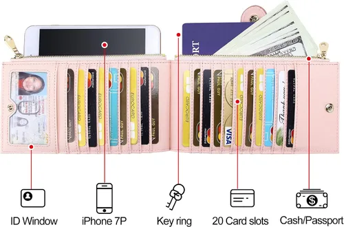 Vista 3 de Badiya Cartera para mujer, con bloqueo RFID, plegable, multitarjetero, gran capacidad, monedero para teléfono celular, con bolsillo con cremallera