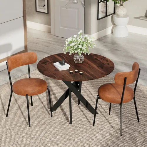 Vista 32 de Moderno juego de mesa de comedor redonda de 3 piezas, mesa de MDF circular negra y 2 sillas de comedor negras Boucle, muebles de cocina con marco