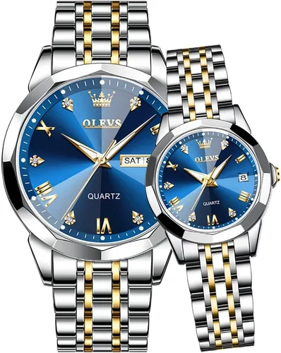 Vista 45 de OLEVS Reloj para parejas para él y ella, reloj analógico de cuarzo para hombres y mujeres, de acero inoxidable, impermeable, luminoso, fecha, reloj