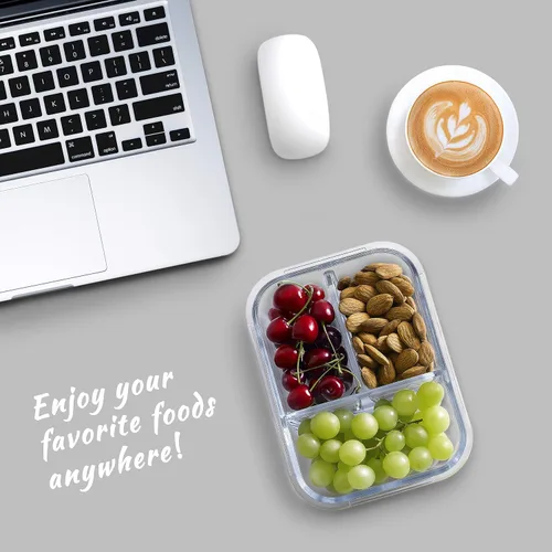 Vista 2 de Recipientes de vidrio para preparación de comidas, paquete de 4 recipientes de 35 onzas con 3 compartimentos, lonchera Bento para control
