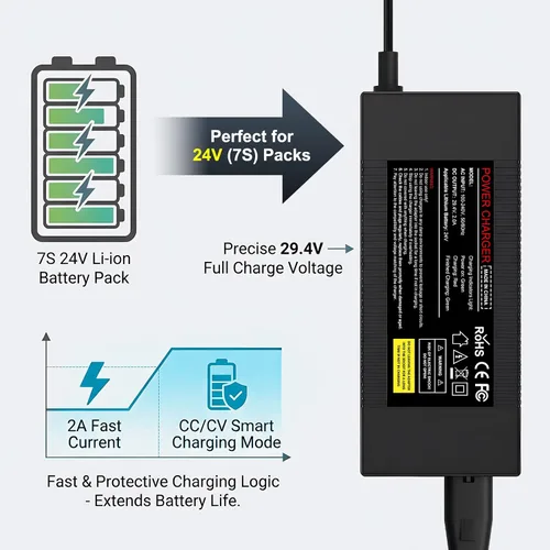 Vista 4 de Cargador de batería de litio de 24 V, adaptador de corriente universal de 29.4 V 2 A para batería de iones de litio 7S 24V con conector de CC
