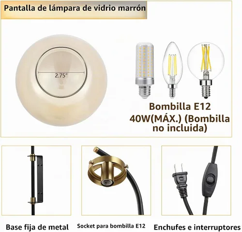 Vista 4 de ELEHINSER Juego de 2 apliques de pared negros con pantalla de globo, modernas lámparas de pared para interiores con enchufe con interruptor, luz