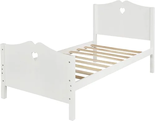 Vista 4 de MERITLINE Base de cama de plataforma de tamaño individual, cama de plataforma de madera maciza con cabecera y estribo, soporte de listones de madera