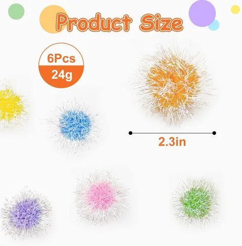 Vista 2 de Andiker Bolas brillantes para gatos, 6 bolas de pompón de gato de 2.36 pulgadas, bolas de oropel con purpurina para gatito, bola mullida