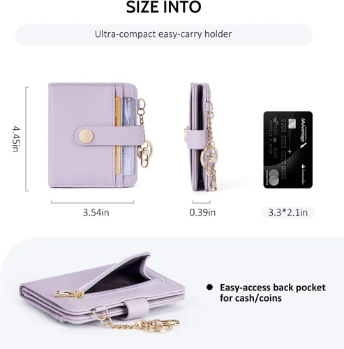 Vista 4 de POIUGOYA Billetera delgada para mujer, con bloqueo RFID, plegable, tarjetero con cremallera y bolsillo para monedas, ventana para identificación