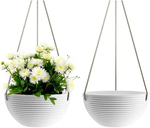 Vista 10 de Asnext Maceta colgante de 10 pulgadas con patrón de línea para plantas de interior y exterior, paquete de 2 macetas colgantes redondas para plantas