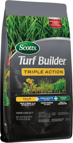 Vista 12 de Scotts Turf Builder Triple Action1, combinación de control de malezas, prevención de malezas y fertilizante, 25-0-2, 5,000 pies cuadrados, 14.10