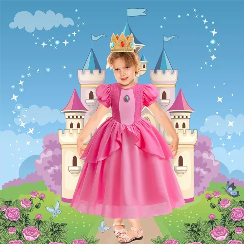 Vista 5 de YDYDYYD Disfraz de princesa melocotón para niñas, con una peluca de princesa y accesorios corona, vestido rosa