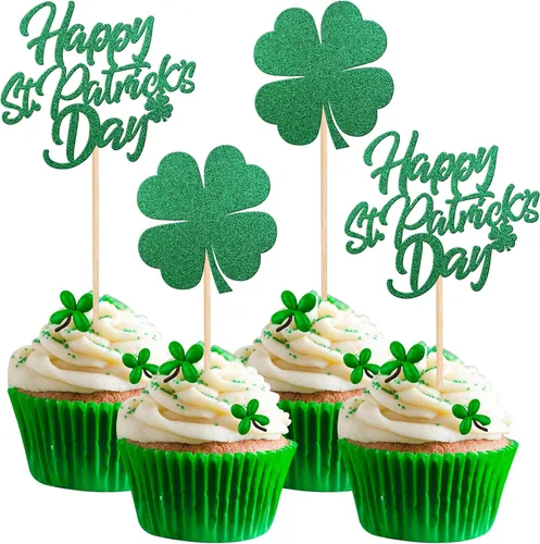 Vista 13 de 24 piezas de adornos para cupcakes del día de San Patricio, trébol con purpurina de tres hojas, trébol de la suerte, para cupcakes, sombrero