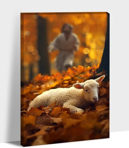 Vista 26 de Arte de pared en lienzo de Jesús y Cordero, Arte de pared en lienzo de Jesús abrazando a un cordero fangoso, Arte de pared cristiano para decoración