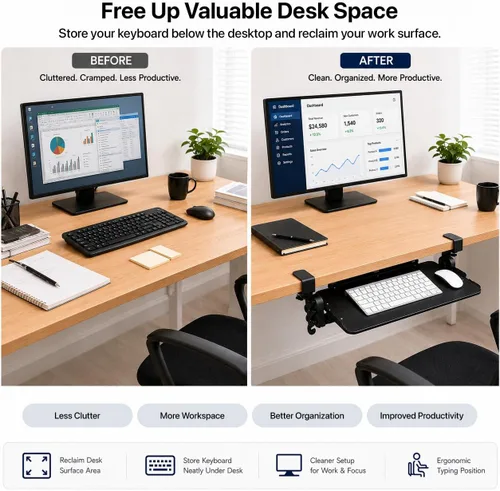 Vista 7 de Bandeja ergonómica para teclado debajo del escritorio con abrazadera deslizante (negro)