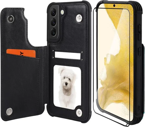 Vista 11 de VANAVAGY Funda tipo cartera compatible con Galaxy S22 con soporte para tarjetas de bloqueo RFID, piel sintética, cierre magnético, función atril