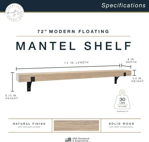 Vista 3 de MCS 183 cm de repisa para chimenea, Master & Co con acabado de grano de madera natural, estante flotante de madera maciza para sala de estar