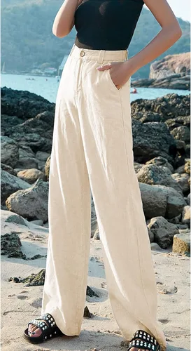 Vista 3 de Hooever - Pantalones casuales de cintura alta y pierna ancha, rectos con botones para mujer