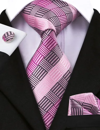 Vista 3 de YOHOWA Conjunto de corbatas a cuadros para hombre de seda negocios boda formal a la moda corbata y bolsillo cuadrado