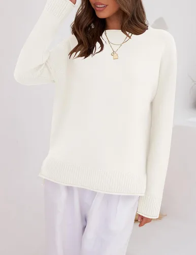 Vista 7 de ZESICA Suéter de manga larga para mujer, cuello redondo, tejido suave, abertura lateral, cómodo, holgado, para otoño 2023