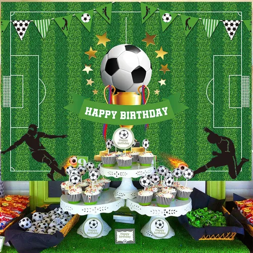Vista 7 de Cartel de fondo de feliz cumpleaños de fútbol de 5 x 3 pies, decoraciones de fiesta temática deportiva para niños y niños, suministros de fiesta