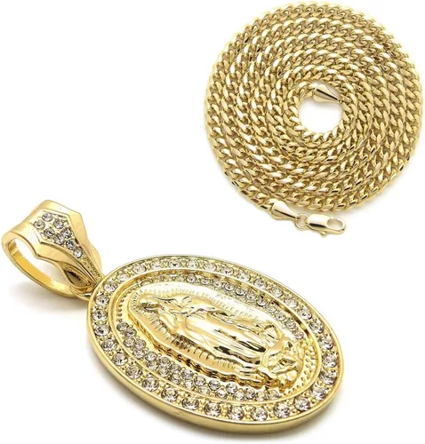 Vista 4 de Collar de cadena cubana con colgante ovalado de la Virgen María de la moda 21 Iced Out en tono dorado