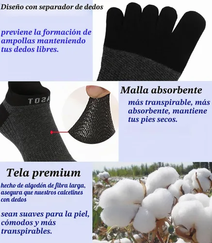 Vista 7 de Fasot Calcetines con dedos para hombre, corte bajo, deportivos, transpirables, de algodón, 5 dedos, punta dividida, paquete de 6 4 Negro