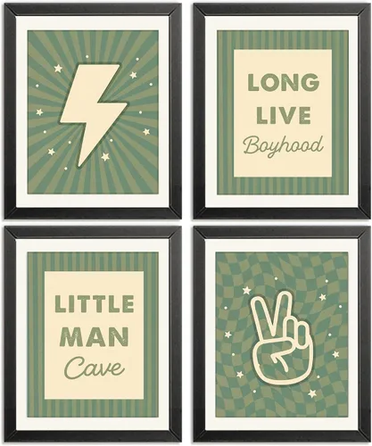 Vista 12 de Pósters Retro de Cueva del Hombrecito Preppy a Cuadros Rayo Signo de Paz Larga Vida a la Niñez para Habitación de Niño Adolescente Decoración