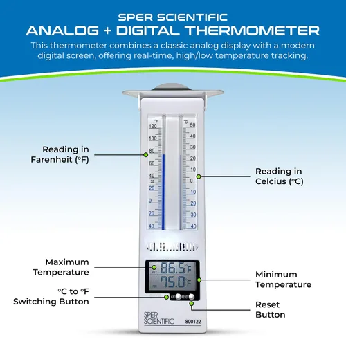 Vista 2 de Sper Scientific Termómetro analógico y digital Min/Max 800122 - Seguimiento preciso de la temperatura, diseño resistente a la intemperie, pantalla