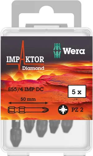 Vista 3 de Wera - 5057661001 855/4 Puntas de Destornillador con Recubrimiento de Diamante para Tornillos PZ 2 Pozidriv, Paquete de 5