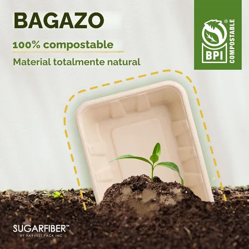 Vista 6 de 100 unidades Harvest Pack 22 oz Bandejas de comida compostables, 21.56 cm x 16.38 cm x 3.3 cm Contenedor de comida desechable LIBRE de PFAS, platos