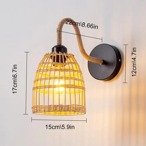 Vista 6 de Aplique de pared de ratán hecho a mano, lámpara de mimbre estilo granja, luz vintage, retro, negro, E26 E27, accesorio de iluminación para sala