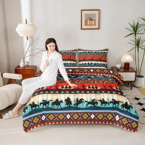 Vista 16 de Manfei Juego de edredón geométrico azteca, tamaño individual, juego de ropa de cama de cactus, vaquera occidental, decoración de habitación de niños
