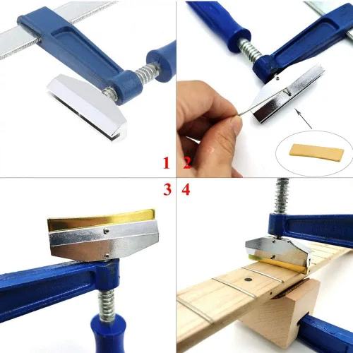 Vista 3 de Jiayouy Herramienta de prensa de trastes para diapasón de guitarra y bajo, con 2 calas de madera, 1 llave hexagonal