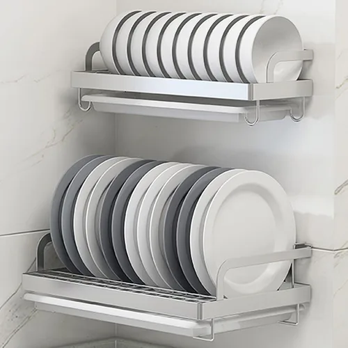 Vista 8 de Escurridor de platos de acero inoxidable, organizador de utensilios de cocina, estante de suministros de cocina montado en la pared, soporte
