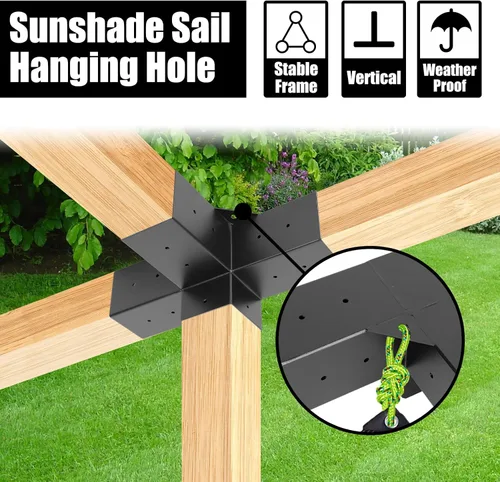 Vista 4 de Kit de soportes para pérgola de 4 x 4 pulgadas (real 3.5 x 3.5 pulgadas), 3 vías (4 piezas) y 4 vías (2 piezas) soportes para cenador con 6 piezas